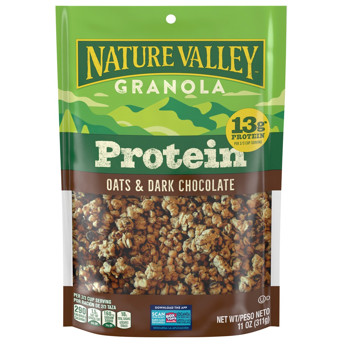 slide 1 of 13, Nature Valley Protein Granola, Oats and Dark Chocolate, Resealable Bag, 11 OZ, 11 oz