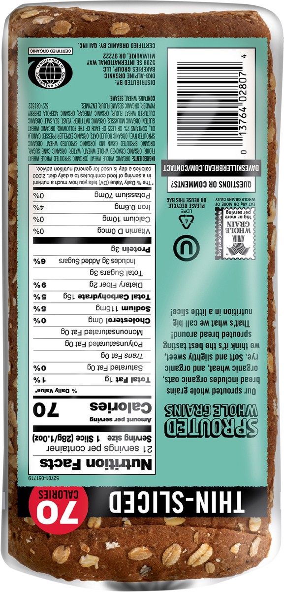 slide 9 of 15, Dave's Killer Bread Bread, Organic, Sprouted Whole Grains, Thin-Sliced, 20.5 oz