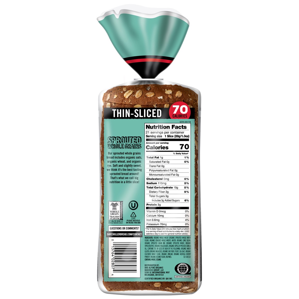 slide 12 of 15, Dave's Killer Bread Bread, Organic, Sprouted Whole Grains, Thin-Sliced, 20.5 oz