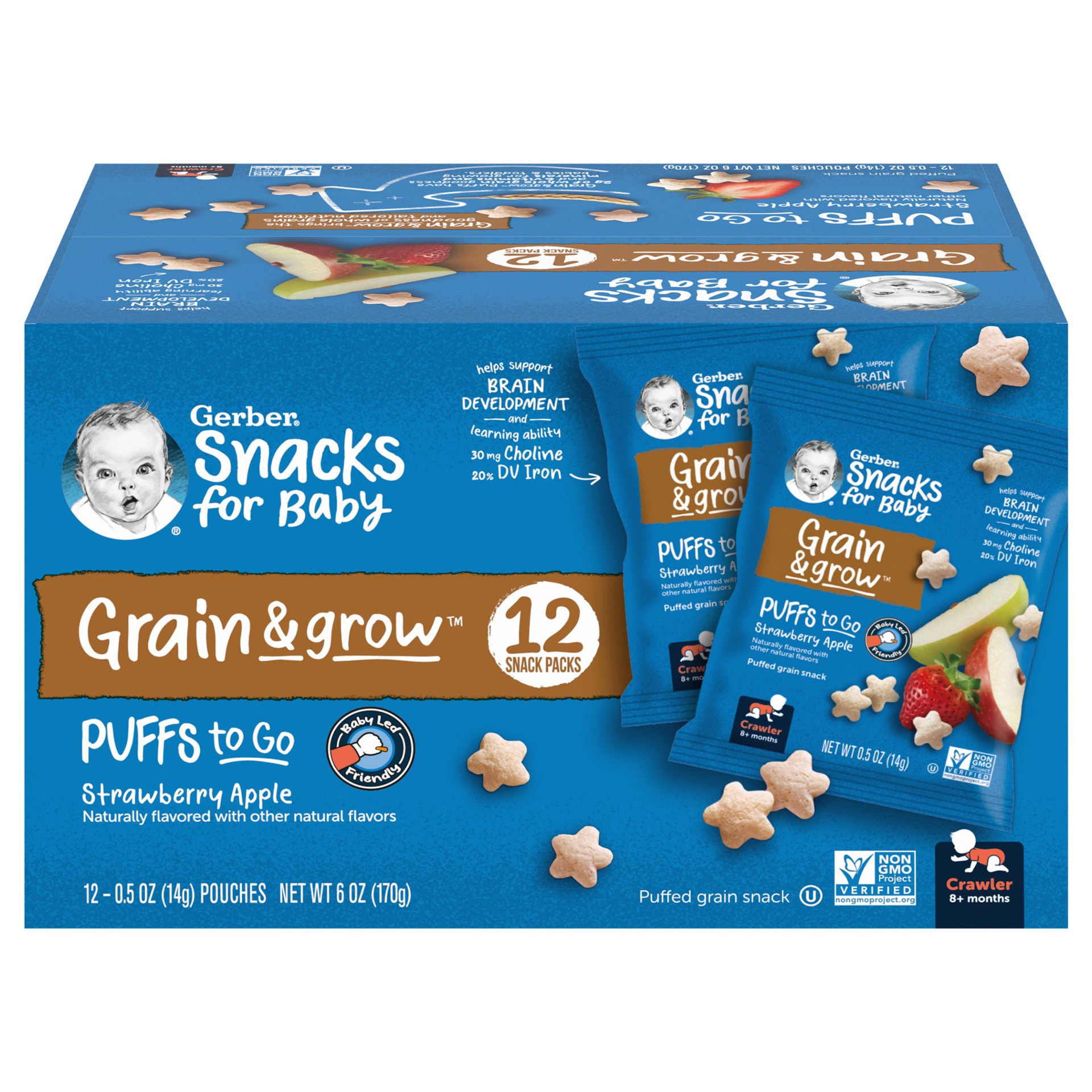 slide 1 of 5, Gerber Puffs to Go Puffed Grain Snack, Strawberry Apple, 0.5 oz. Pouch (12 Pack), 6 oz