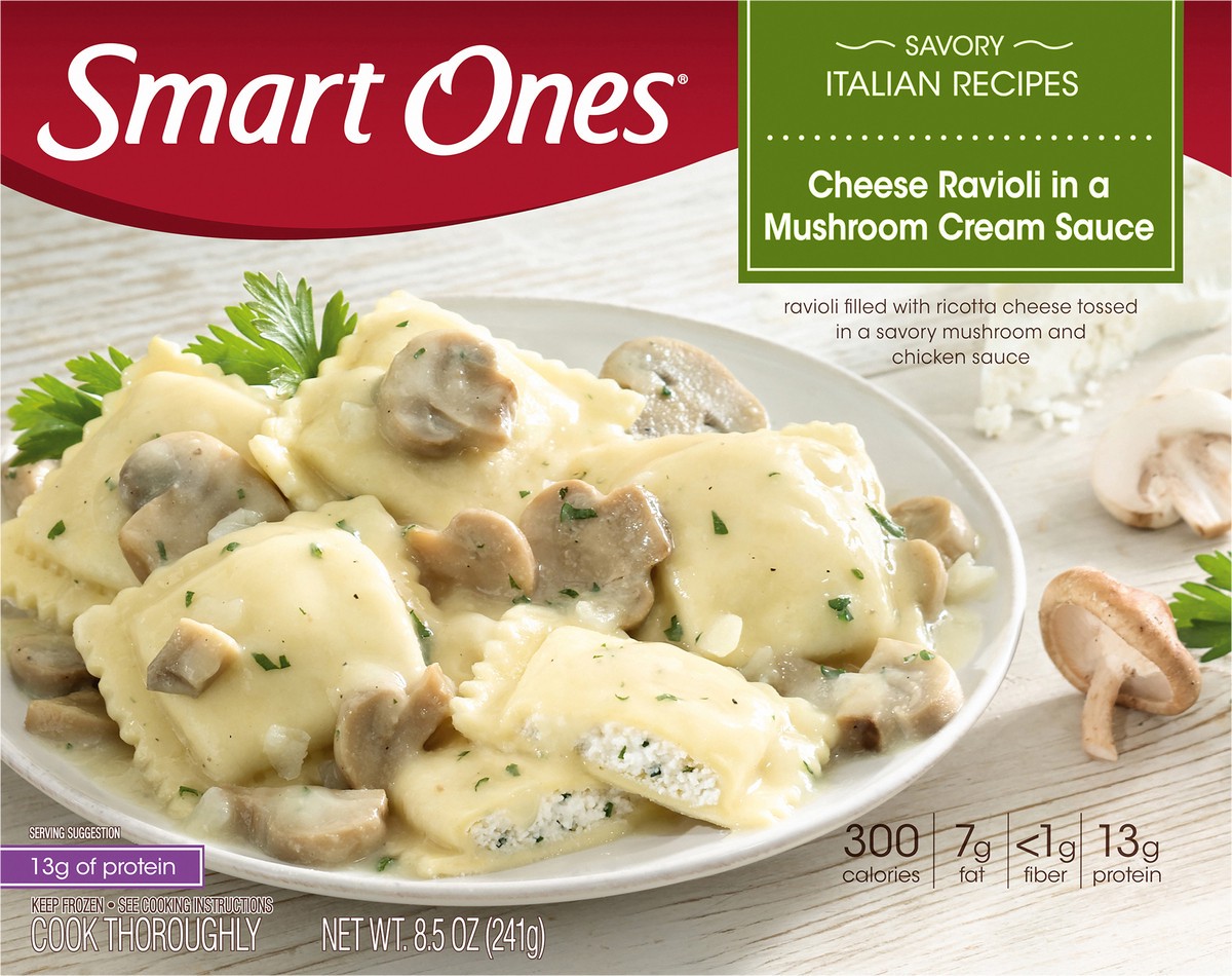 slide 9 of 13, Smart Ones Three Cheese Ravioli in a Mushroom Cream & Chicken Sauce Frozen Meal, 8.5 oz Box, 8.5 oz