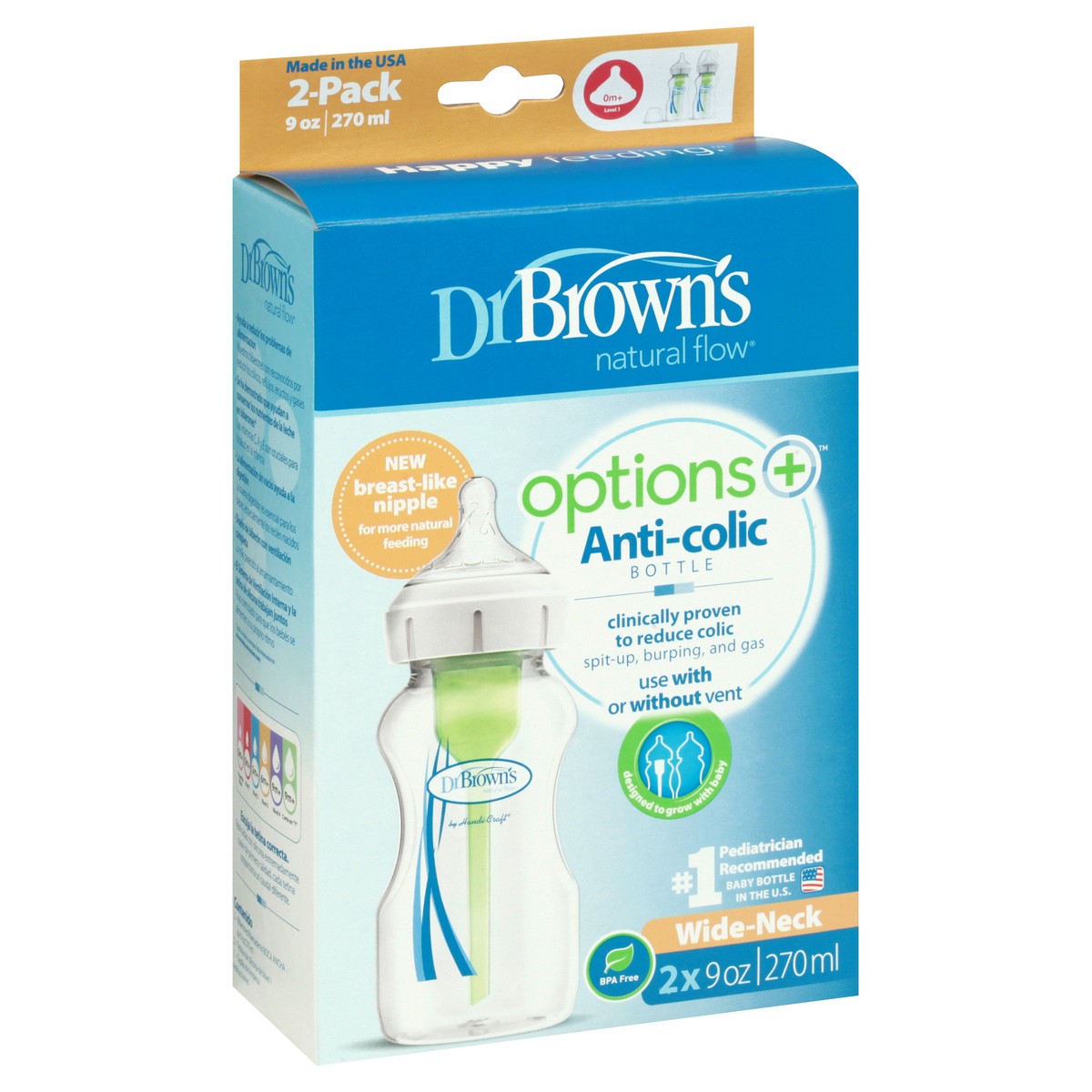 slide 6 of 11, Dr. Brown's Natural Flow Options+ 2-Pack Anti-Colic Wide-Neck 9 Ounce 0M+ Level Bottle 2 ea, 2 ct; 9 oz