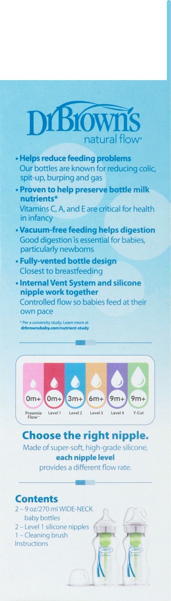 slide 3 of 11, Dr. Brown's Natural Flow Options+ 2-Pack Anti-Colic Wide-Neck 9 Ounce 0M+ Level Bottle 2 ea, 2 ct; 9 oz