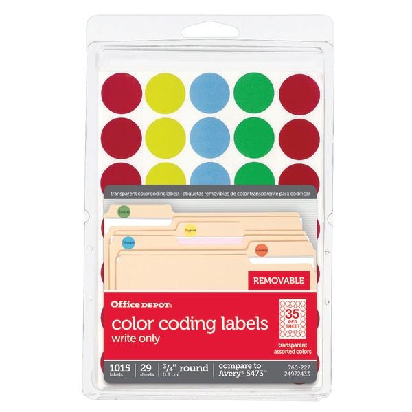 slide 1 of 2, Office Depot Brand See-Thru Removable Color Dots, Od98808, 3/4'' Diameter, Assorted Colors, Pack Of 1,015, 1 ct