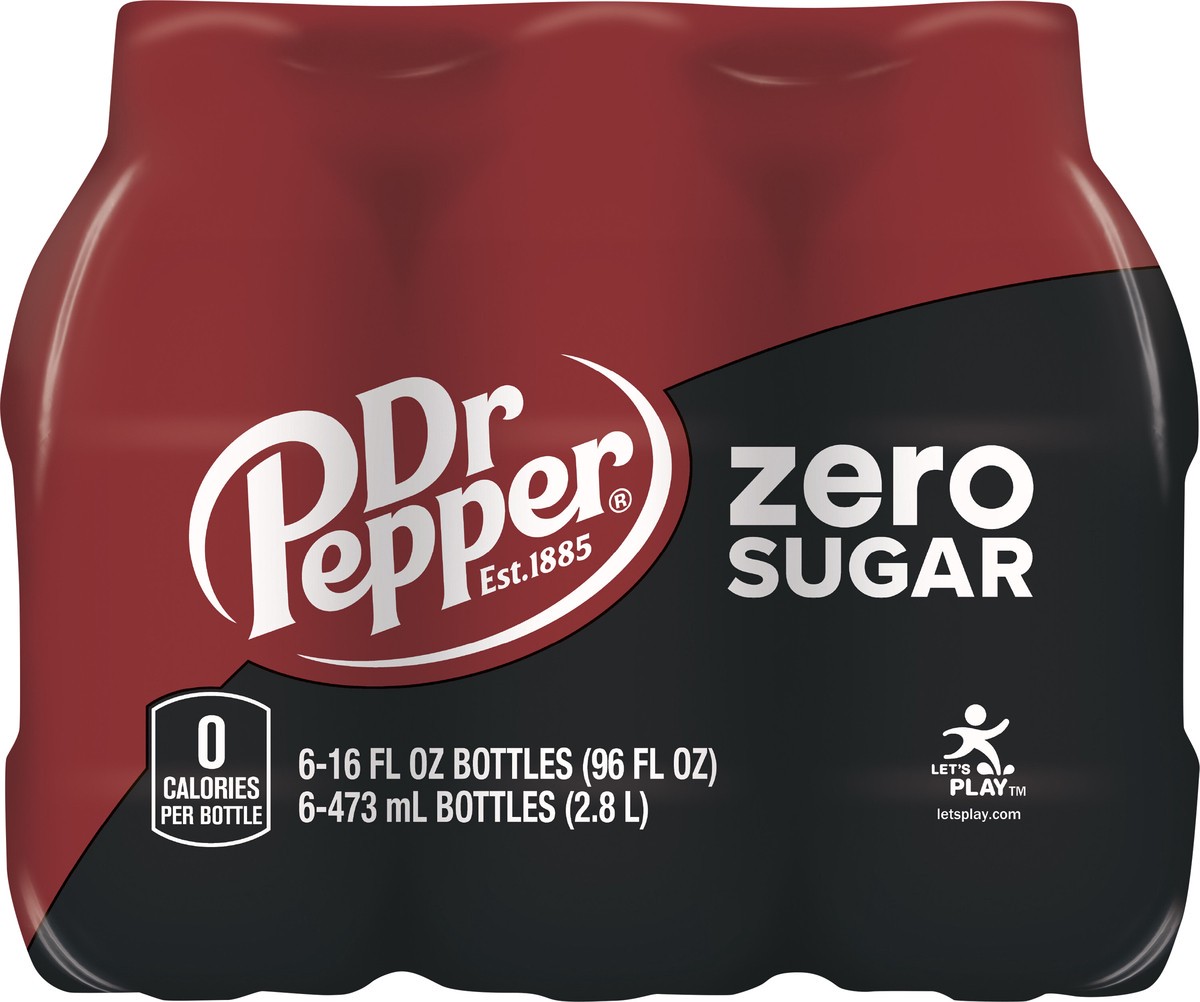 slide 8 of 12, Dr Pepper Zero Sugar Soda, 16 fl oz bottles, 6 pack, 6 ct
