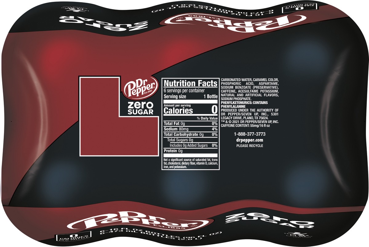 slide 7 of 12, Dr Pepper Zero Sugar Soda, 16 fl oz bottles, 6 pack, 6 ct