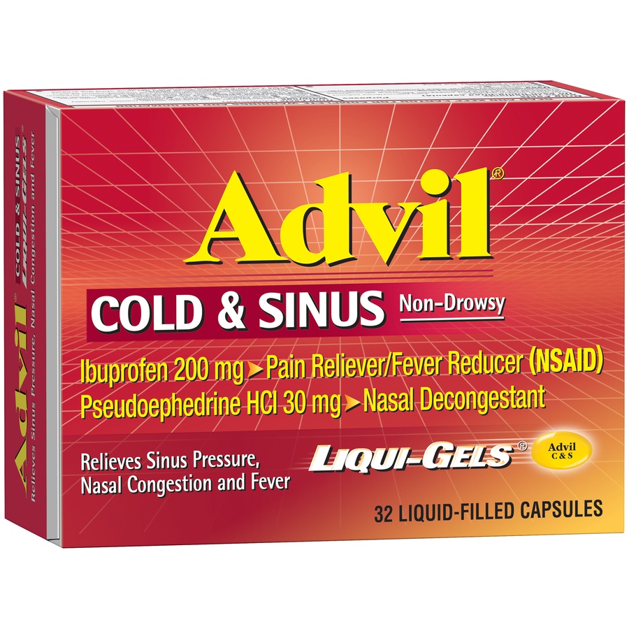 slide 3 of 7, Advil Cold And Sinus Non-Drowsy Ibuprofen 200 Mg Liqui-Gels, 32 ct