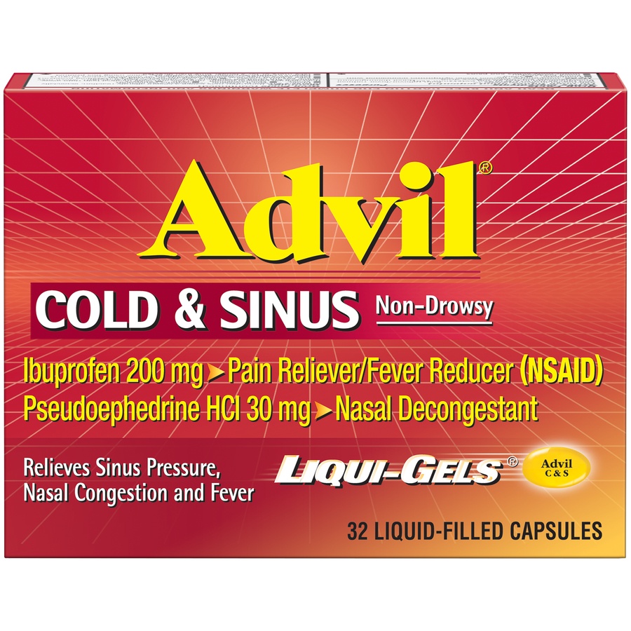 slide 1 of 7, Advil Cold And Sinus Non-Drowsy Ibuprofen 200 Mg Liqui-Gels, 32 ct