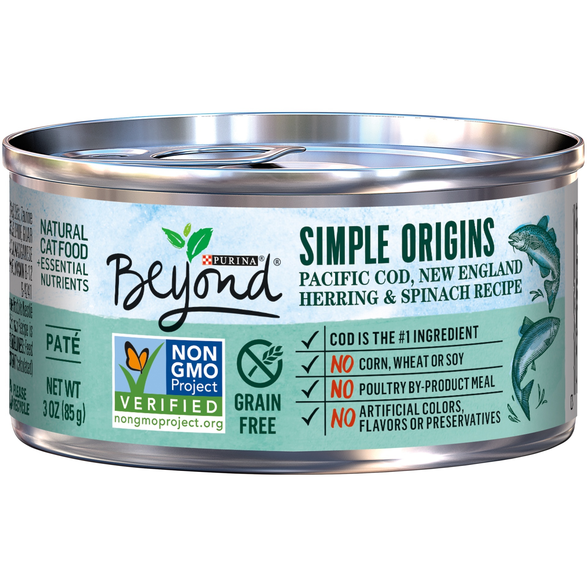 slide 1 of 3, Purina Beyond Simple Origins Pate Cat Food - Pacific Cod, New England Herring & Spinach Recipe, 3 oz