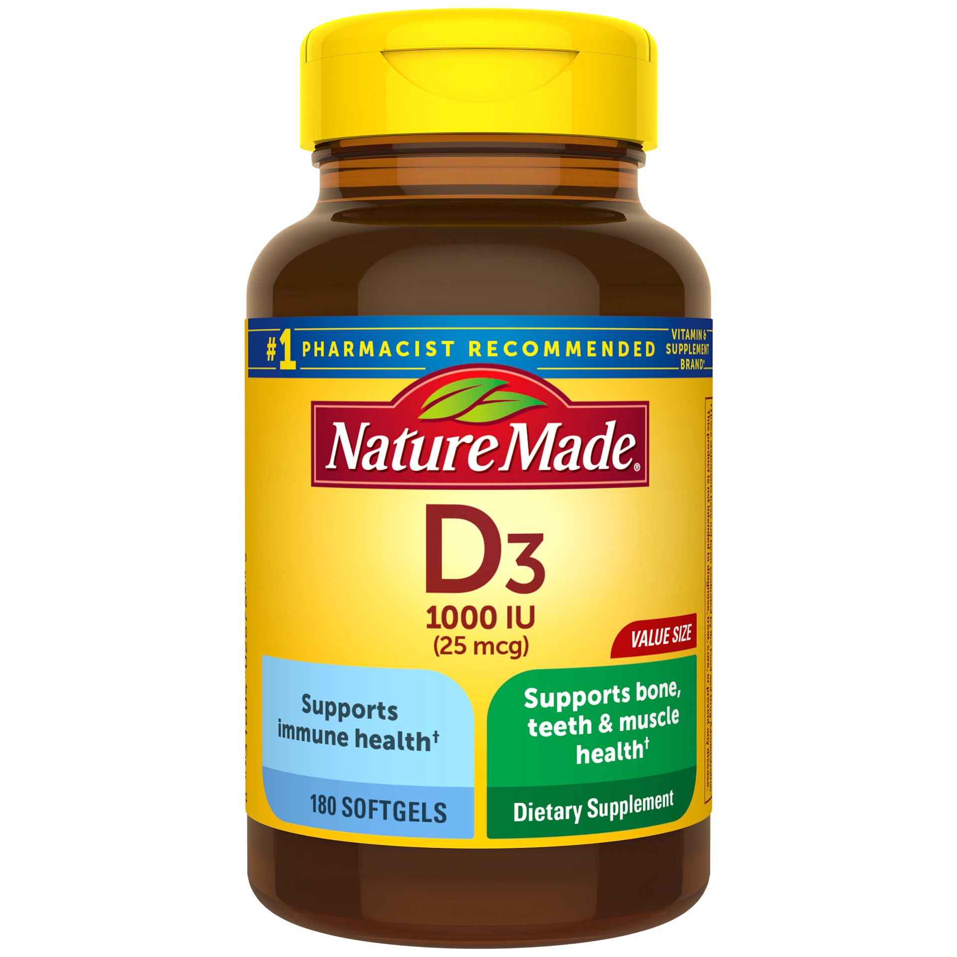 slide 1 of 52, Nature Made Vitamin D3 1000 IU (25 mcg), Dietary Supplement for Bone, Teeth, Muscle and Immune Health Support, 180 Softgels, 180 Day Supply, 180 ct