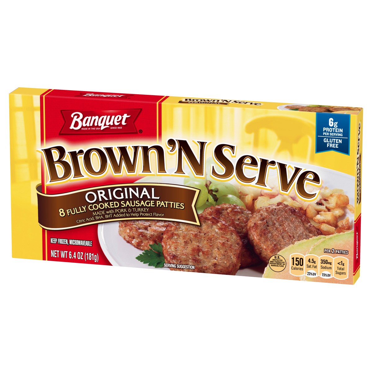 slide 3 of 12, Banquet Brown ‘N Serve Original Fully Cooked Sausage Patties, Frozen Meat, 8 Count, 6.4 OZ, 8 ct