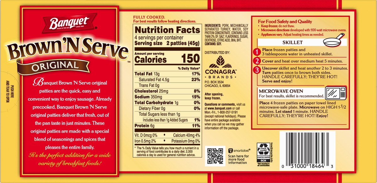 slide 7 of 12, Banquet Brown ‘N Serve Original Fully Cooked Sausage Patties, Frozen Meat, 8 Count, 6.4 OZ, 8 ct