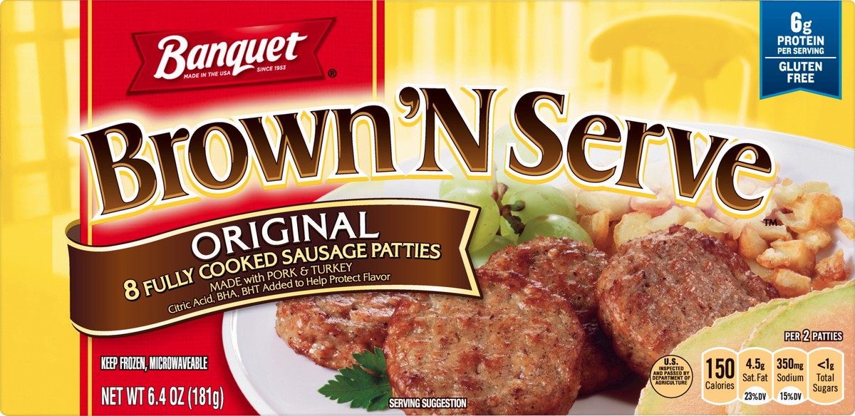 slide 1 of 12, Banquet Brown ‘N Serve Original Fully Cooked Sausage Patties, Frozen Meat, 8 Count, 6.4 OZ, 8 ct