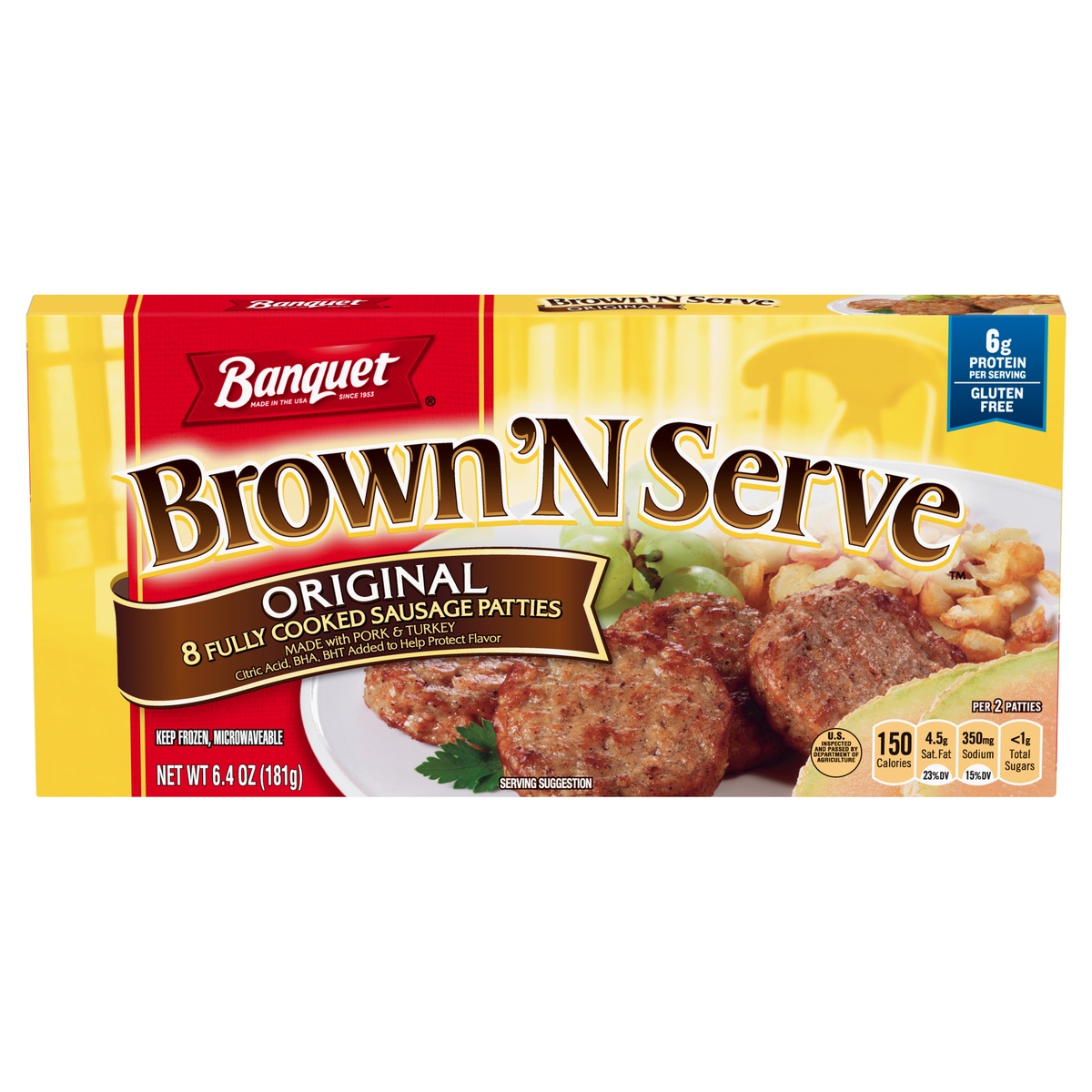 slide 1 of 1, Banquet Brown ‘N Serve Original Fully Cooked Sausage Patties, Frozen Meat, 8 Count, 6.4 OZ, 6.4 oz