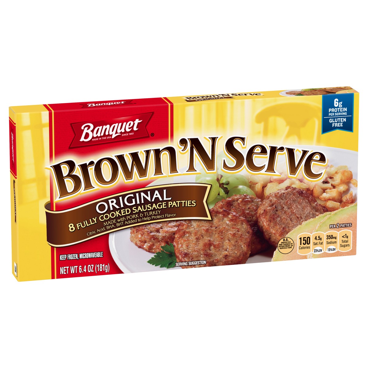 slide 2 of 12, Banquet Brown ‘N Serve Original Fully Cooked Sausage Patties, Frozen Meat, 8 Count, 6.4 OZ, 8 ct