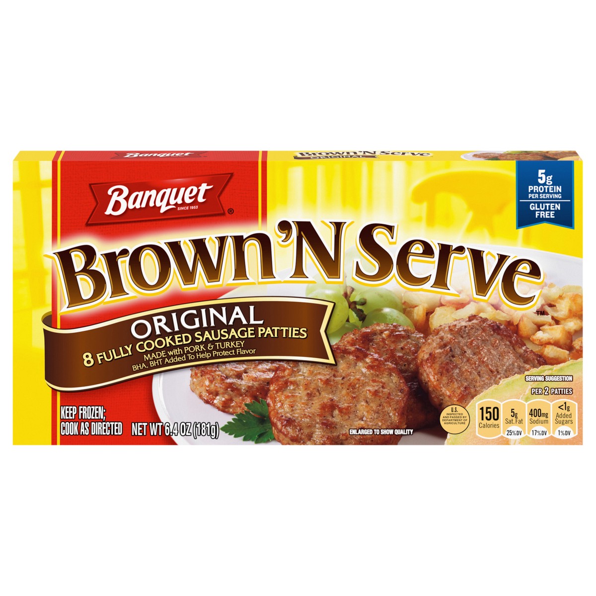 slide 1 of 12, Banquet Brown'N Serve Original Fully Cooked Sausage Patties, Frozen Breakfast, 6.4 oz., 8-Count, 8 ct