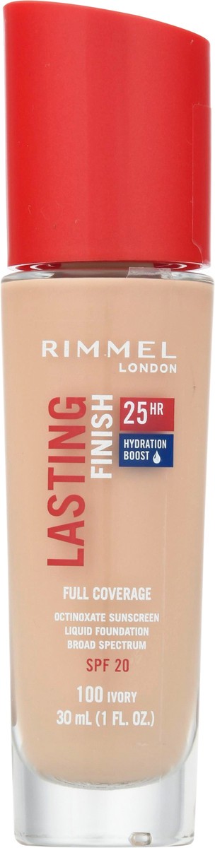slide 6 of 13, Rimmel London Broad Spectrum SPF 20 Ivory 100 Lasting Finish Full Coverage Liquid Foundation 1 fl oz, 30 ml
