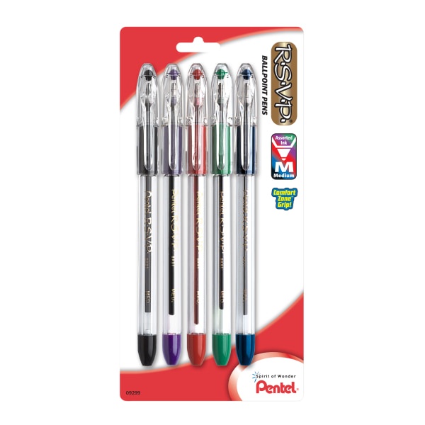 slide 1 of 1, Pentel R.S.V.P. Ballpoint Pens, Fine Point, 0.7 Mm, Clear Barrel, Assorted Ink Colors, Pack Of 5, 5 ct