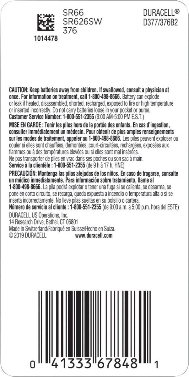 slide 4 of 6, Duracell Battery, Size 377, 2 pk