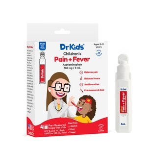 slide 1 of 1, Drkids Children's Pain + Fever Pre-Measured Single-Use Vials, Cherry Flavor, 4 Ct, 4 ct