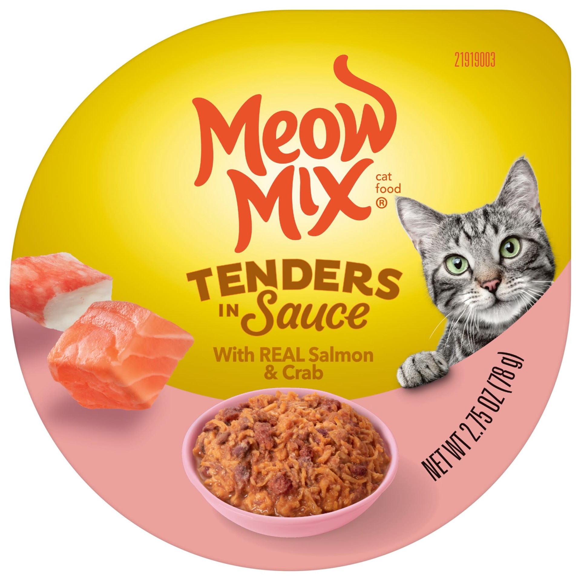 slide 1 of 64, Meow Mix Tenders in Sauce Wet Cat Food With REAL Salmon & Crab, 2.75 Oz. Cup (Packaging And Formulation Updates Underway), 2.75 oz