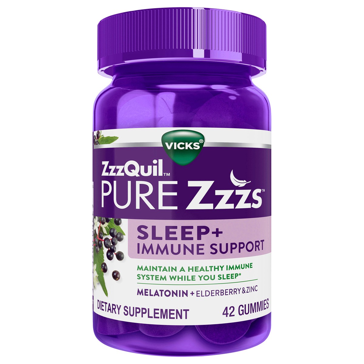 slide 1 of 2, Vicks ZzzQuil PURE Zzzs Sleep + Immune Support Gummies with Melatonin, Zinc & Elderberry, 42 ct, 42 ct