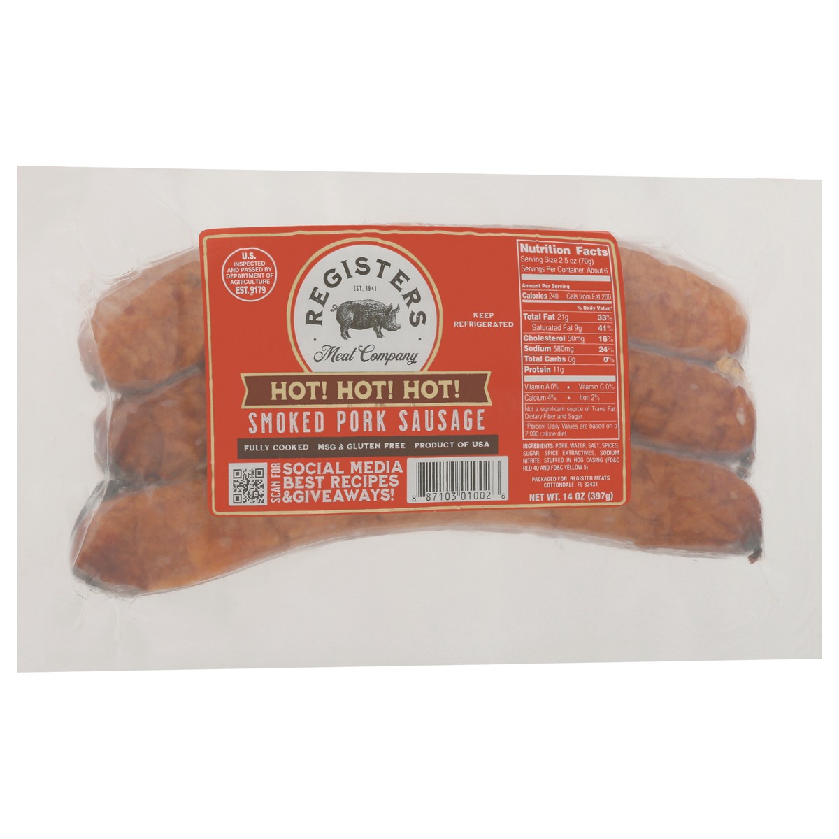 slide 4 of 9, Registers Meat Company Smoked Hot Pork Sausage 14 oz, 14 oz