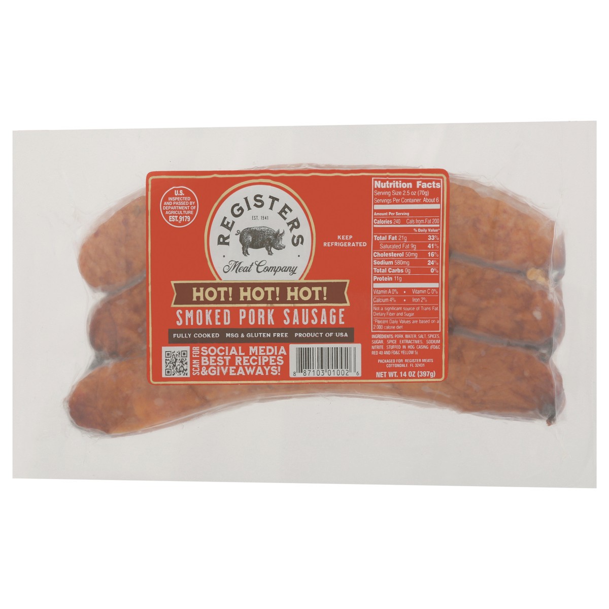 slide 9 of 9, Registers Meat Company Smoked Hot Pork Sausage 14 oz, 14 oz