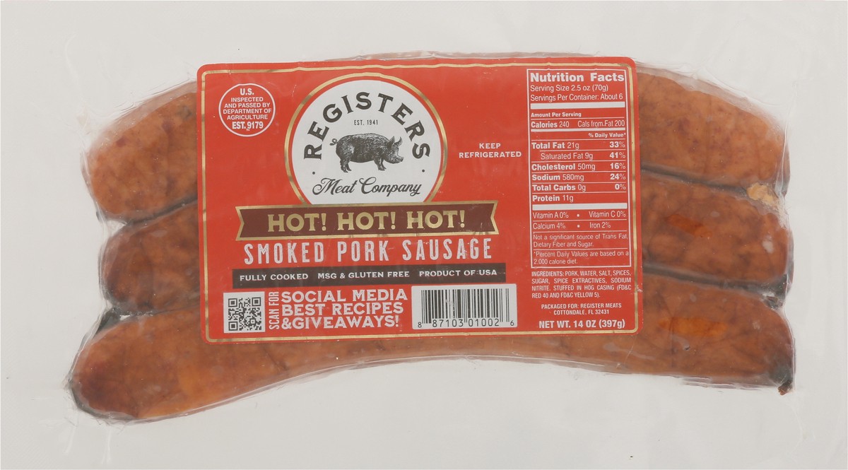 slide 5 of 9, Registers Meat Company Smoked Hot Pork Sausage 14 oz, 14 oz