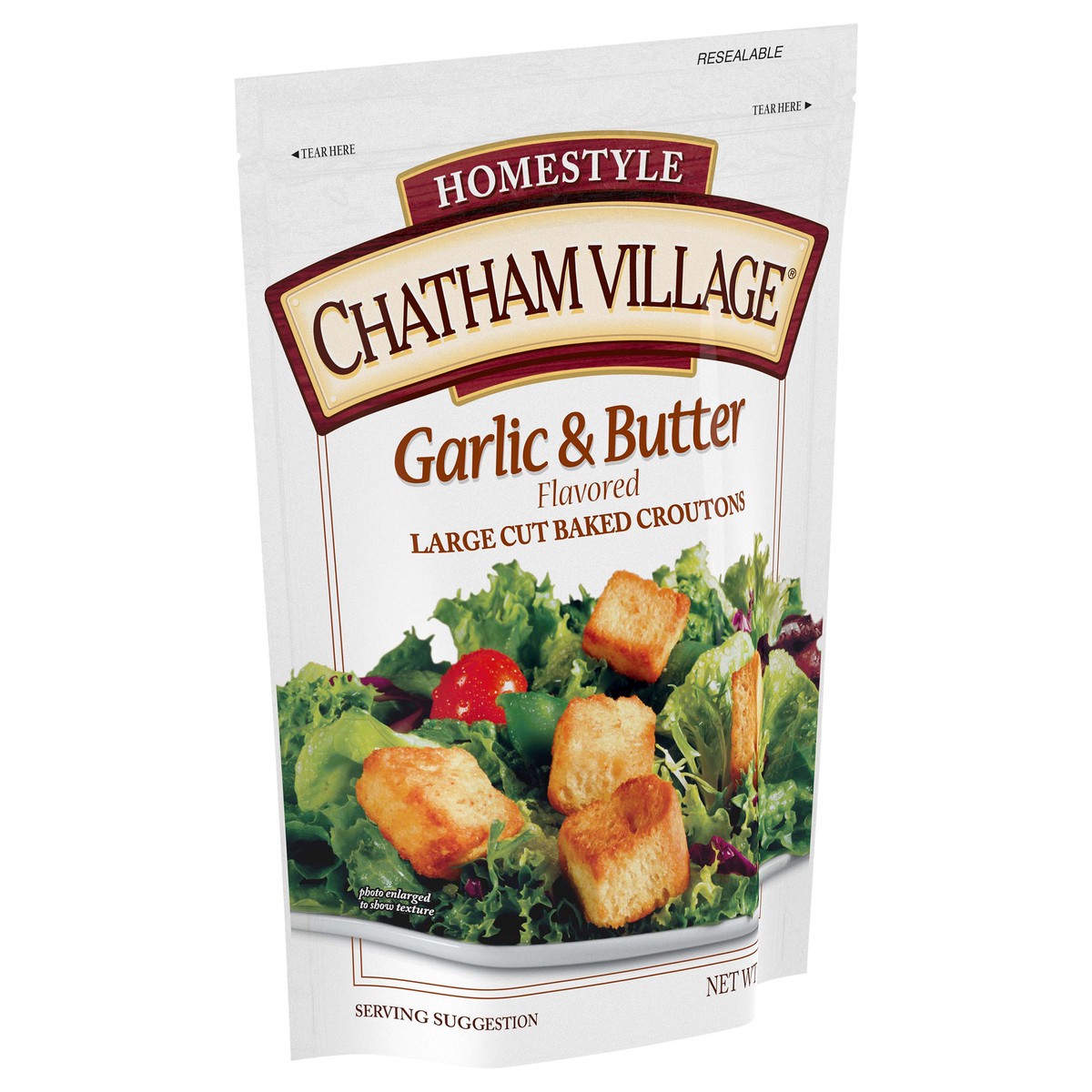 slide 4 of 11, Chatham Village Garlic & Butter Flavored Traditional Cut Baked Croutons, 5 oz