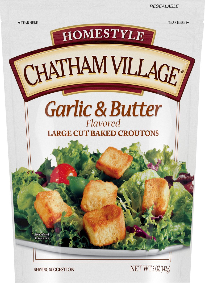 slide 9 of 11, Chatham Village Garlic & Butter Flavored Traditional Cut Baked Croutons, 5 oz