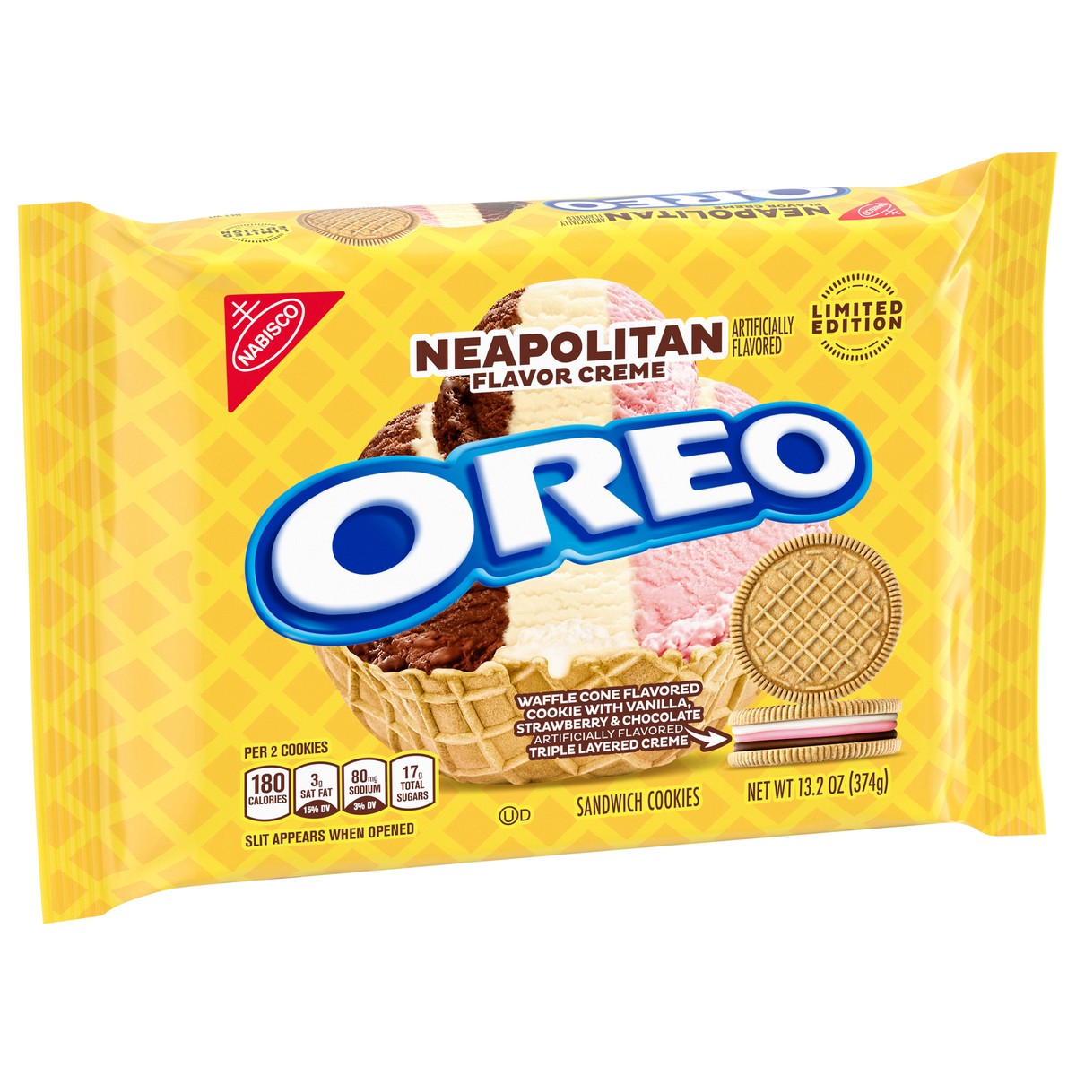 slide 8 of 9, OREO Neapolitan Sandwich Cookies, Waffle Cone Flavored Cookie with Vanilla, Strawberry and Chocolate Triple Layered Creme, Limited Edition, 13.2 oz, 0.86 lb