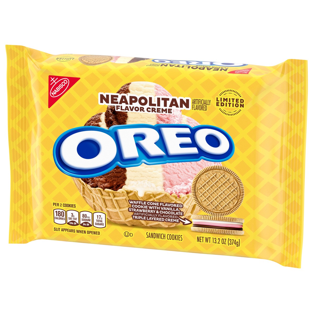slide 5 of 9, OREO Neapolitan Sandwich Cookies, Waffle Cone Flavored Cookie with Vanilla, Strawberry and Chocolate Triple Layered Creme, Limited Edition, 13.2 oz, 0.86 lb