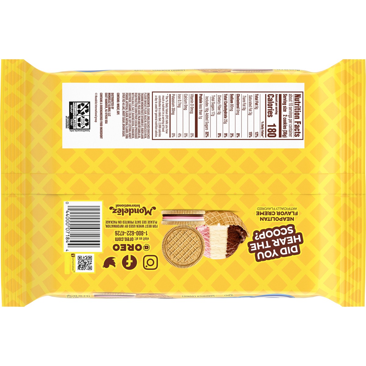 slide 9 of 9, OREO Neapolitan Sandwich Cookies, Waffle Cone Flavored Cookie with Vanilla, Strawberry and Chocolate Triple Layered Creme, Limited Edition, 13.2 oz, 0.86 lb