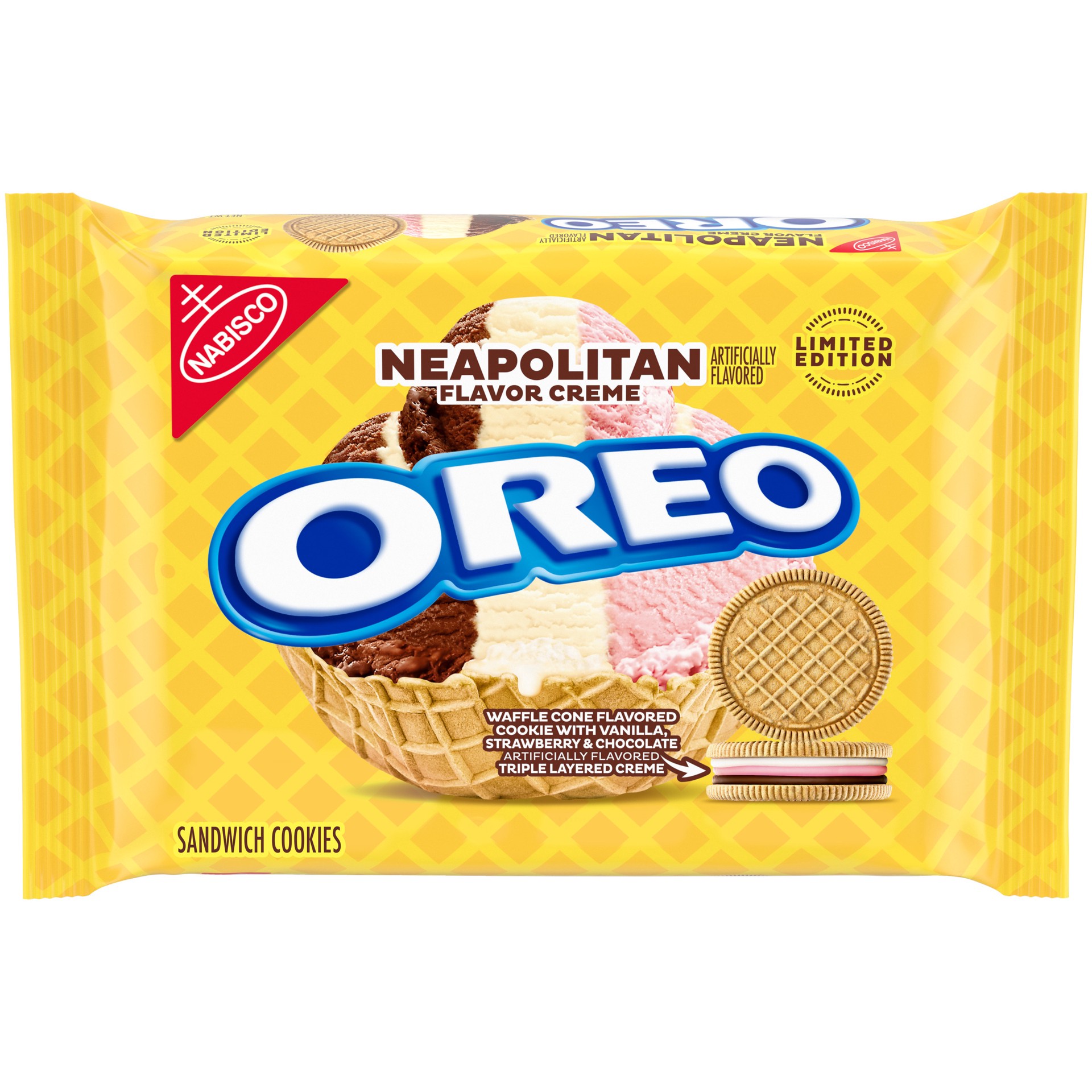 slide 1 of 9, OREO Neapolitan Sandwich Cookies, Waffle Cone Flavored Cookie with Vanilla, Strawberry and Chocolate Triple Layered Creme, Limited Edition, 13.2 oz, 0.86 lb