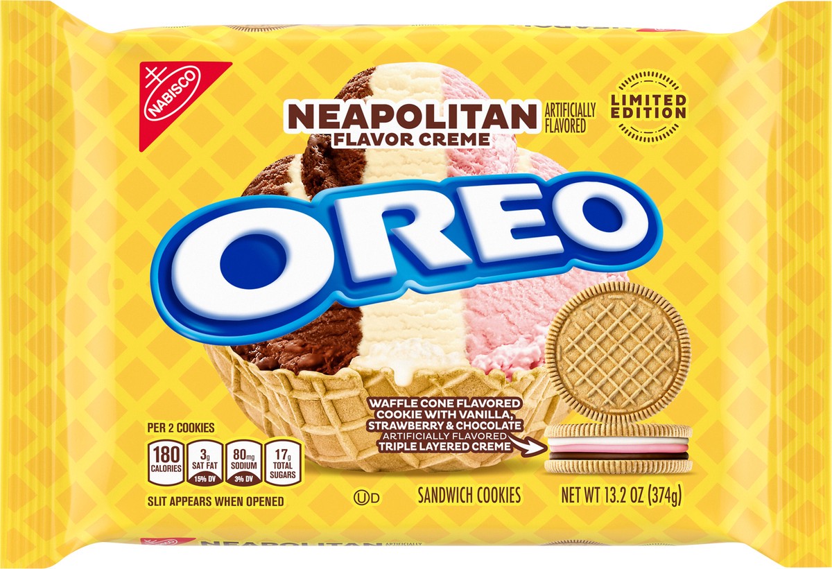 slide 3 of 9, OREO Neapolitan Sandwich Cookies, Waffle Cone Flavored Cookie with Vanilla, Strawberry and Chocolate Triple Layered Creme, Limited Edition, 13.2 oz, 0.86 lb