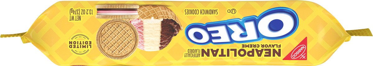 slide 6 of 9, OREO Neapolitan Sandwich Cookies, Waffle Cone Flavored Cookie with Vanilla, Strawberry and Chocolate Triple Layered Creme, Limited Edition, 13.2 oz, 0.86 lb