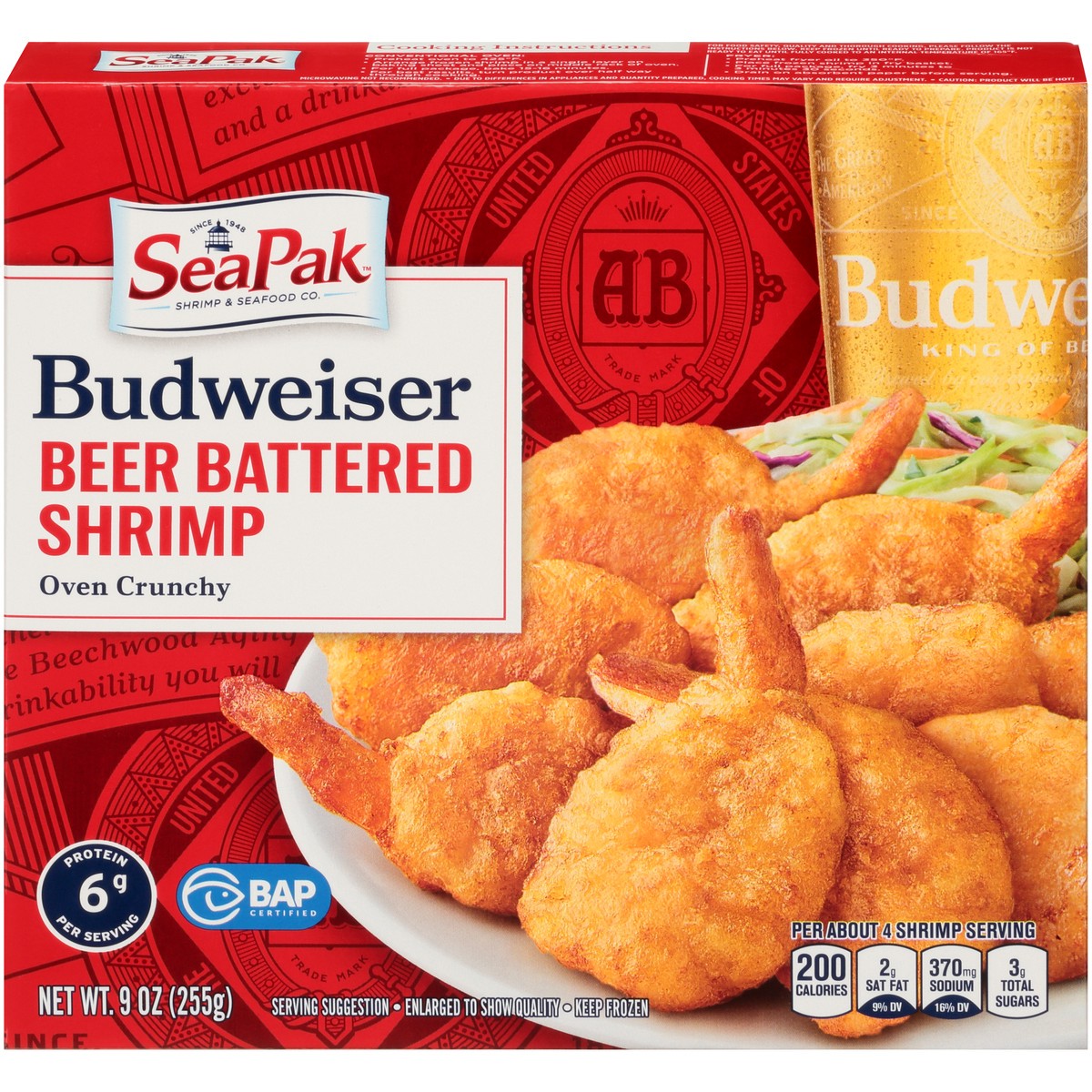 slide 1 of 14, SeaPak Shrimp & Seafood Co. Budweiser Oven Crunchy Beer Battered Shrimp 9 oz. Box, 9 oz