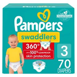 Pampers Diapers - Swaddlers 360° - Size 3, 70 Count, up to 100% Leakproof Comfy Dry Fit, EZ Off Tabs Designed for Easy Changes, Pull On Diaper