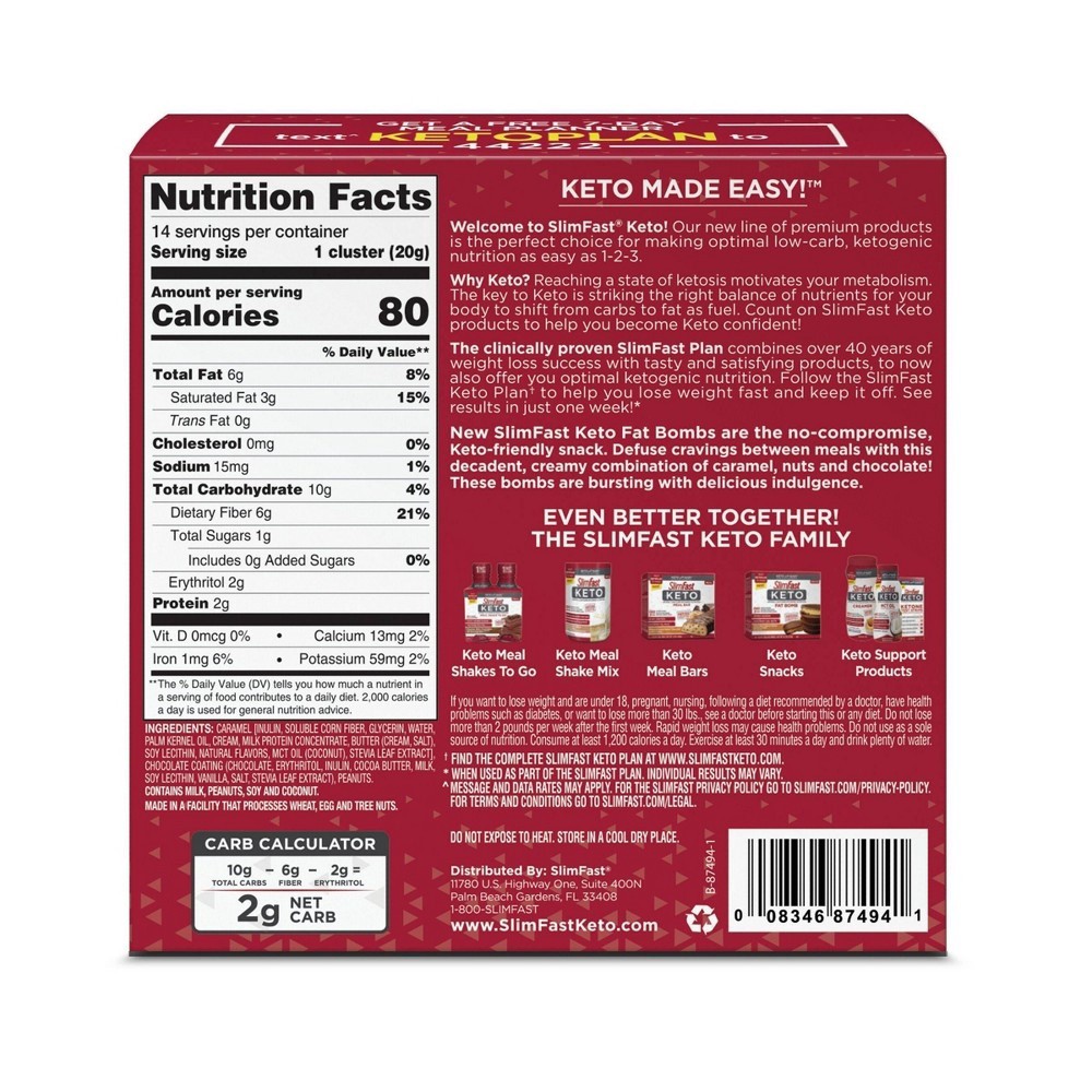 slide 2 of 3, SlimFast Keto Fat Bomb Caramel Nuts & Chocolate Snack Cluster 0.7 Oz 14 Count, 14 ct