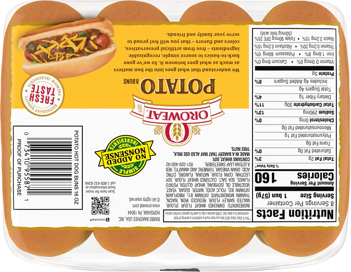 slide 6 of 7, Oroweat Potato Hot Dog Buns, 8 count, 16 oz, 8 ct