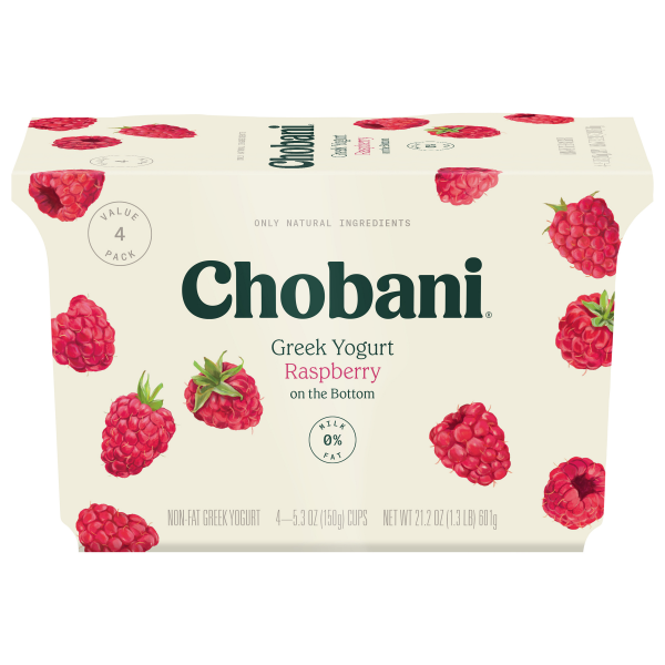 slide 2 of 19, Chobani Nonfat Greek Raspberry on the Bottom Yogurt Value Pack 4 - 5.3 oz Cups, 4 ct