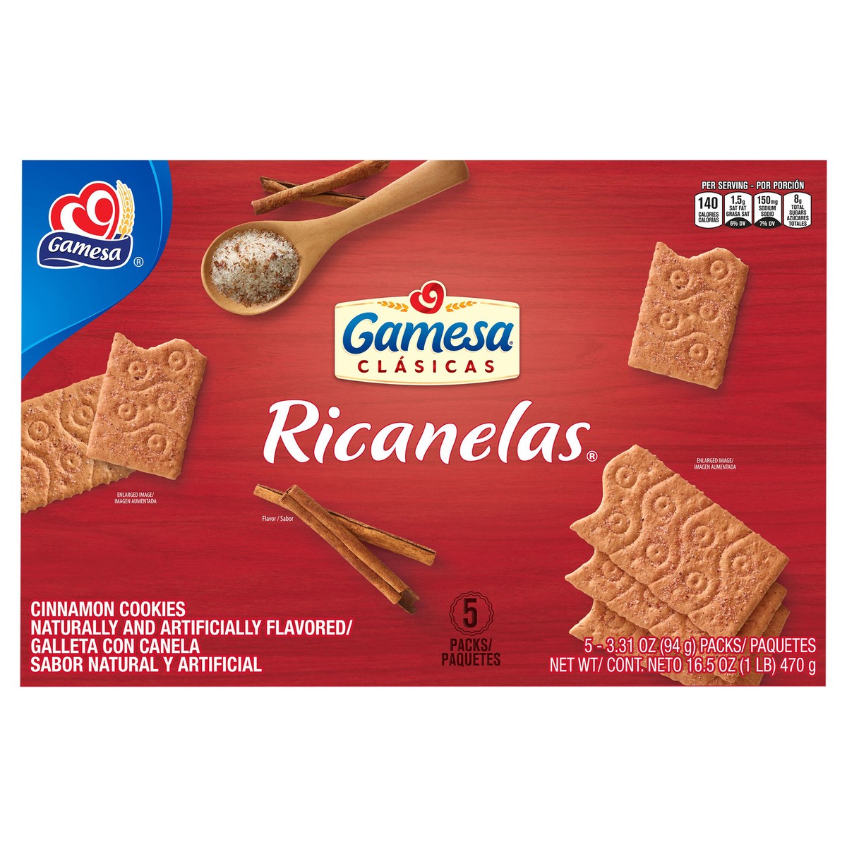 slide 1 of 5, Gamesa Clasicas Ricanelas Cookies Cinnamon Naturally And Artificially Flavored 3.31 Oz 5 Count, 5 ct