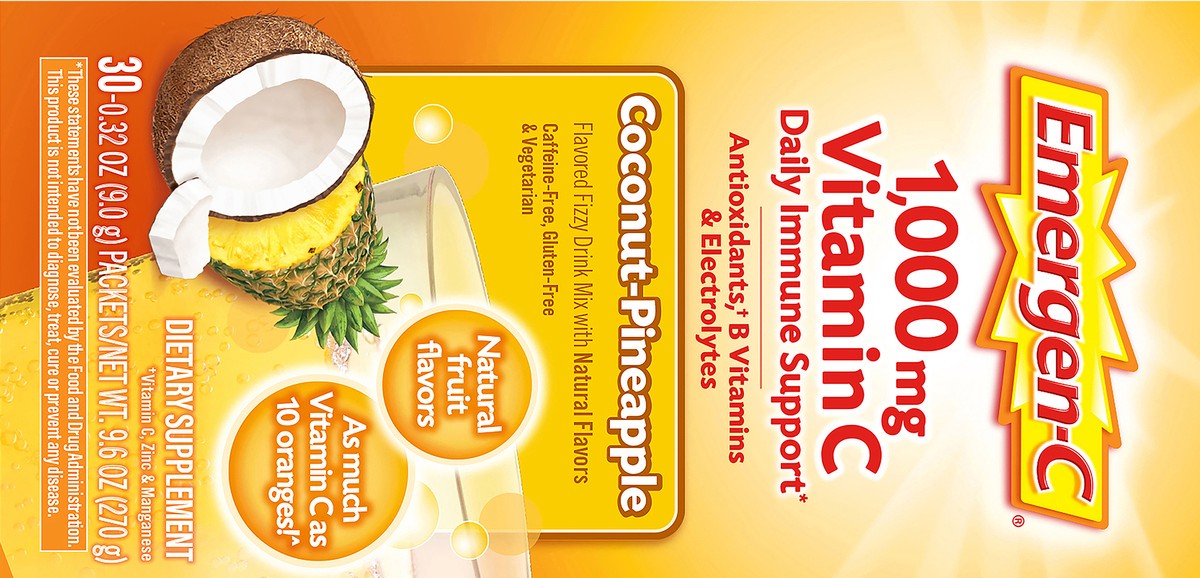 slide 7 of 7, Emergen-C Bonus Pack Packets 1,000 mg Coconut-Pineapple Vitamin C 30 ea, 30 ct