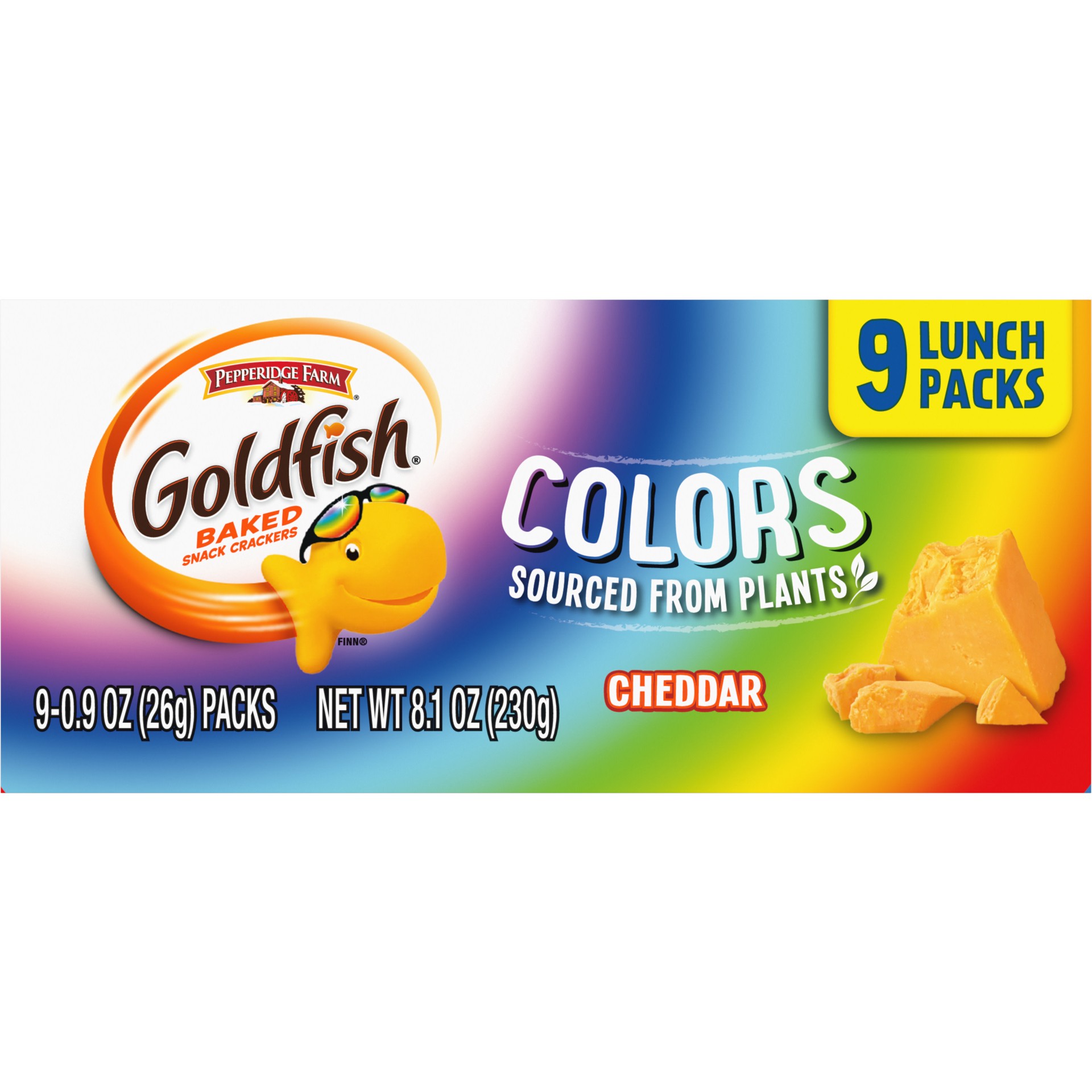 slide 6 of 9, Pepperidge Farm Goldfish Colors Cheddar Crackers, Snack Pack, 0.9 oz, 9 CT Multi-Pack Tray, 0.9 oz