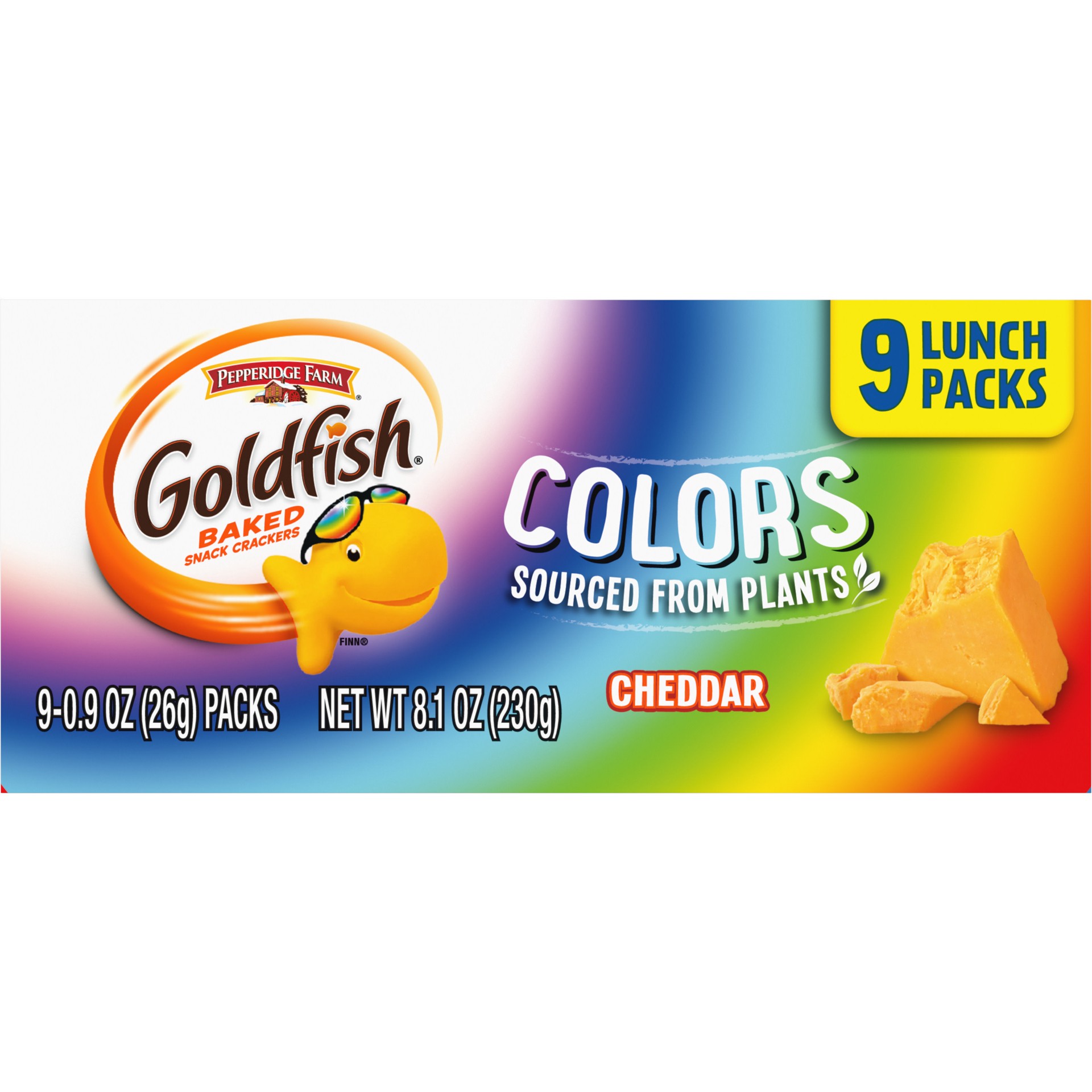 slide 8 of 9, Pepperidge Farm Goldfish Colors Cheddar Crackers, Snack Pack, 0.9 oz, 9 CT Multi-Pack Tray, 0.9 oz