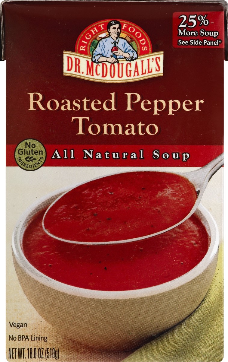 slide 4 of 4, Dr. McDougall's Roasted Pepper Tomato All Natural Soup, 18 oz