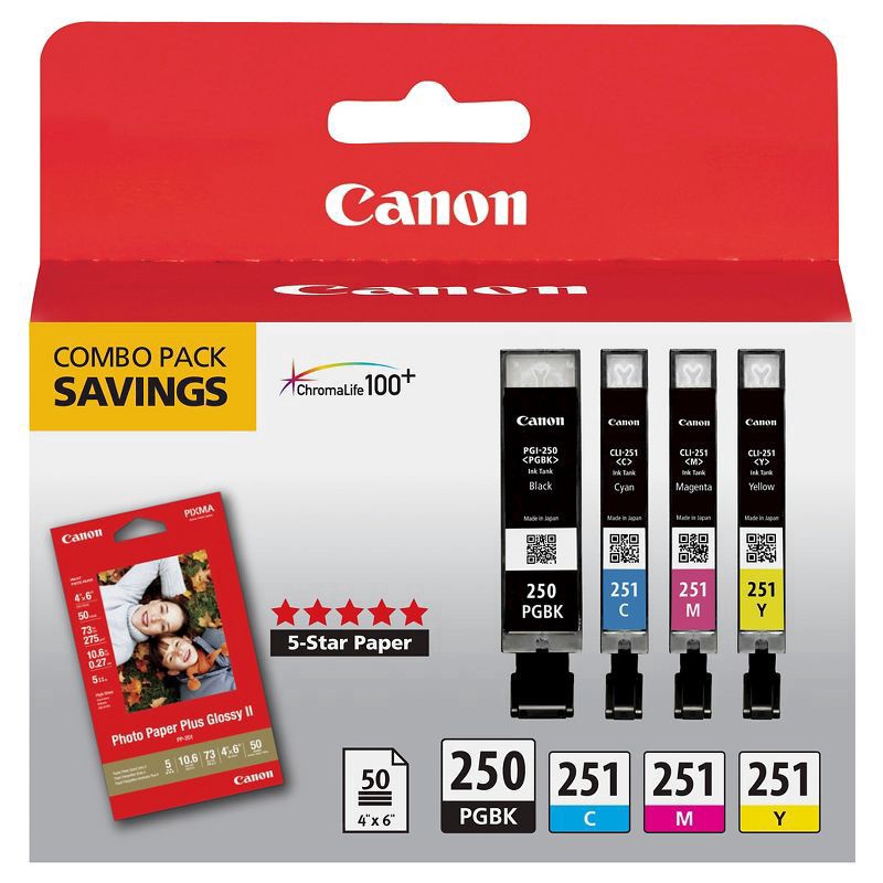 slide 1 of 2, Canon Pgi-250Bk, Cli-251Cmy Black, Color Ink Cartridges & Pp-201 Paper Combo Pack, 4 ct
