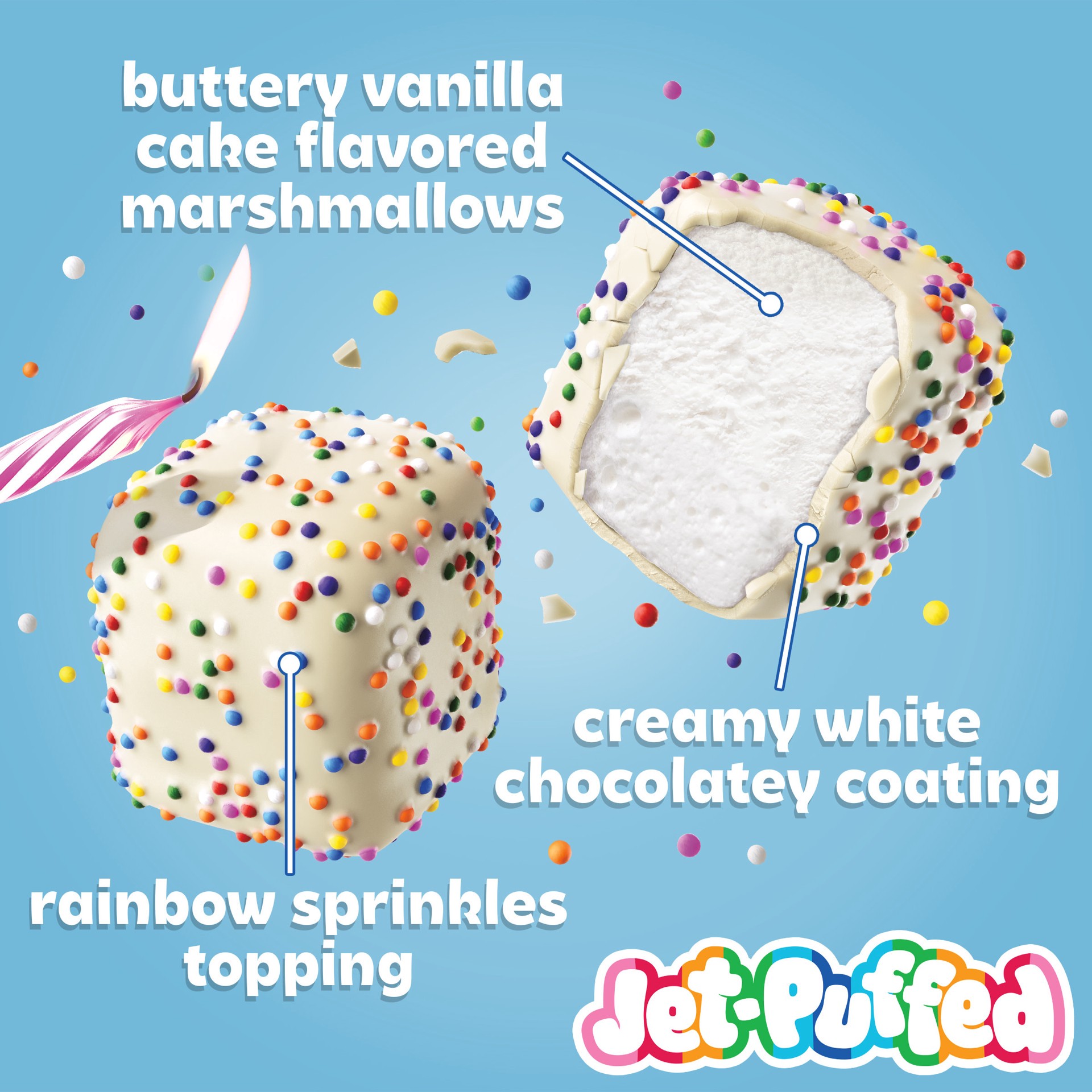 slide 4 of 5, Jet-Puffed Marshmallow Bites Birthday Cake Flavored Coated Marshmallows, 4 oz Resealable Bag, 4 oz
