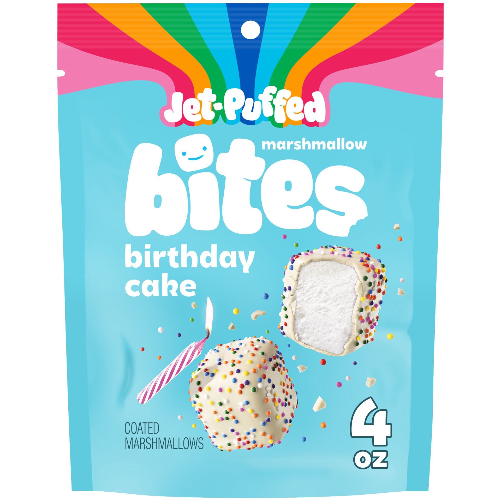 slide 1 of 5, Jet-Puffed Marshmallow Bites Birthday Cake Flavored Coated Marshmallows, 4 oz Resealable Bag, 4 oz